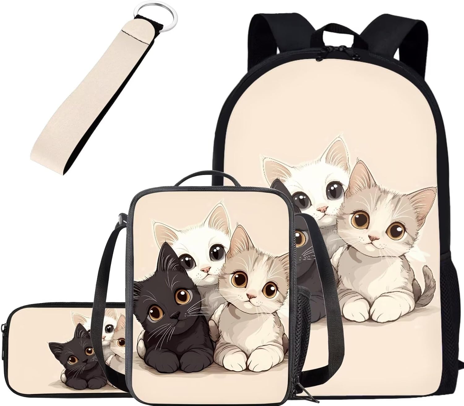 Cute Cat Kids Backpack Set for Girls 4pcs Kids Backpack with Lunch Box Pencil Case and Keychain Toddler Bookbag Portable Lunch Bag for Kindergarten Preschool Elementary School Students