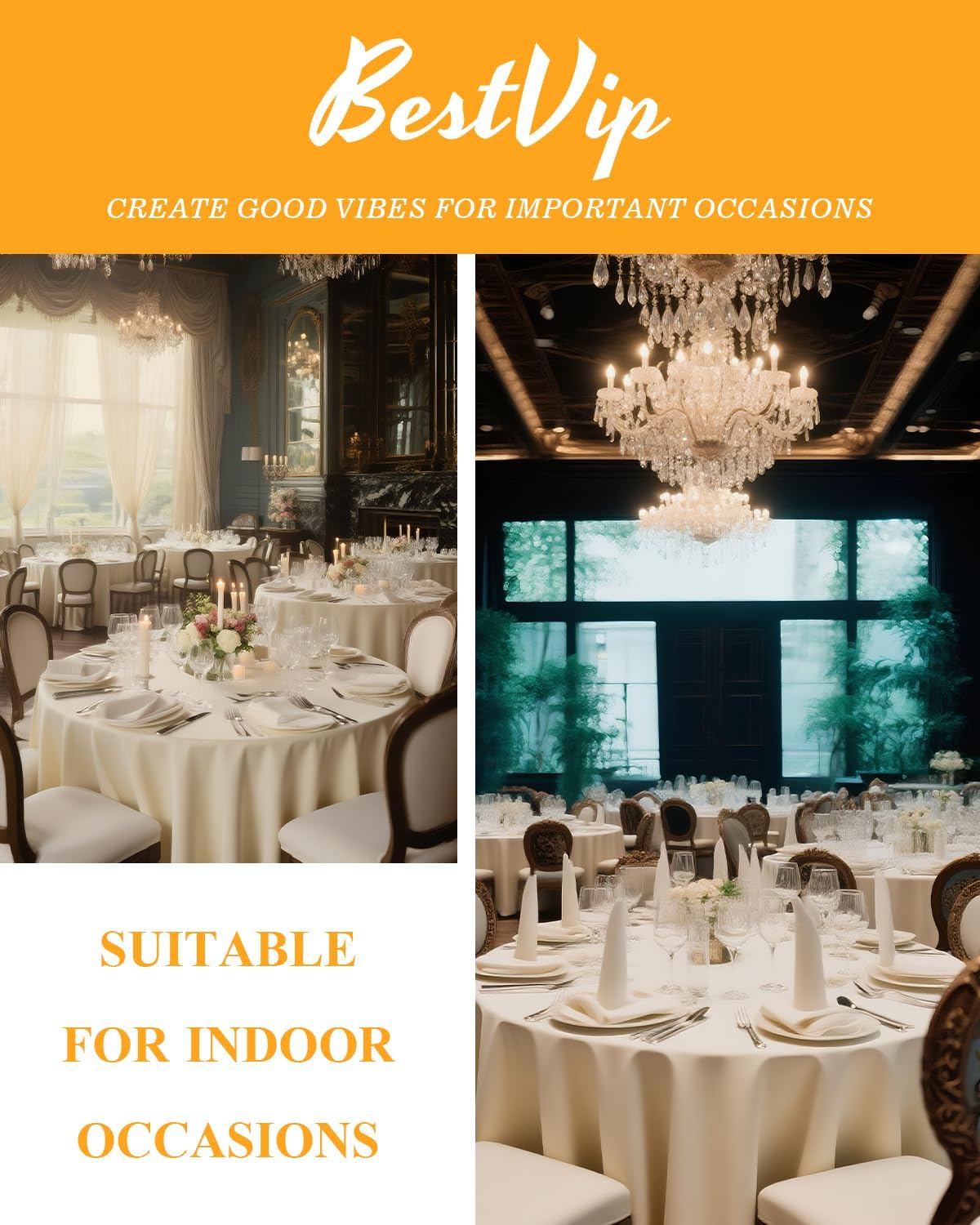 BESTVIP 6 Pack 90" Ivory Round Tablecloths | Fits 36"-66" Tables | Polyester Washable Fabric for Wedding, Party, Banquet, Restaurant