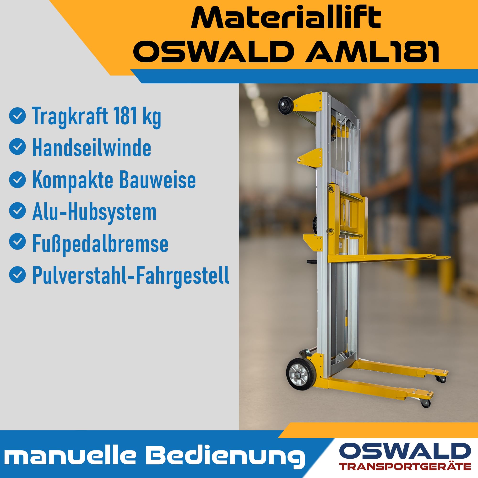Materiallift AML181 mit Seilwinde - 181 kg Tragkraft - 2.500 mm Hubhöhe - Handstapler