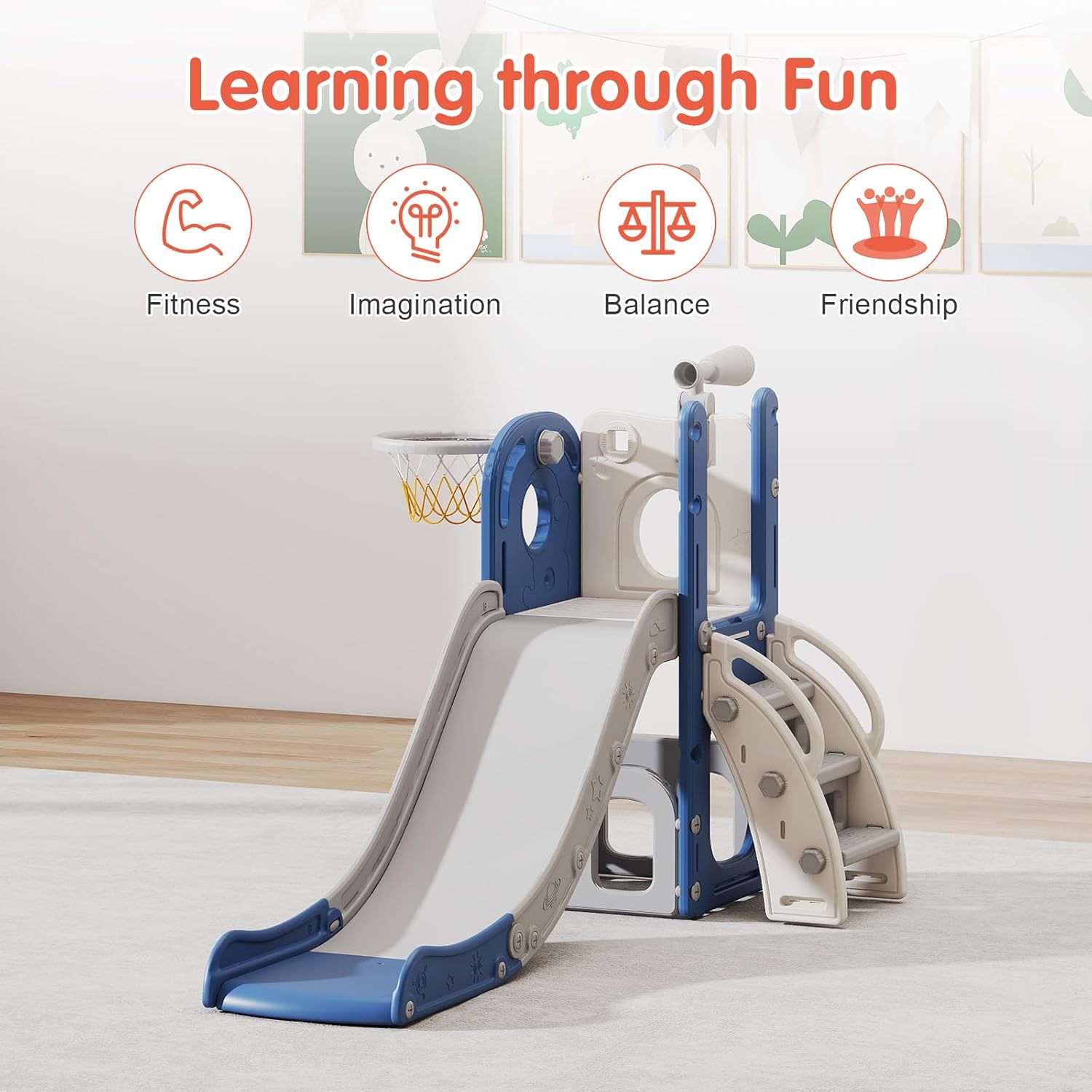 6 in 1 Indoor Slide for Toddler 1-3 Age - Freestanding Baby Slide, Outdoor Playground Kids Slider, Toddler Playset with Climber Slider, Basketball Hoop, Telescope, Storage Area and Hiding, White&Blue