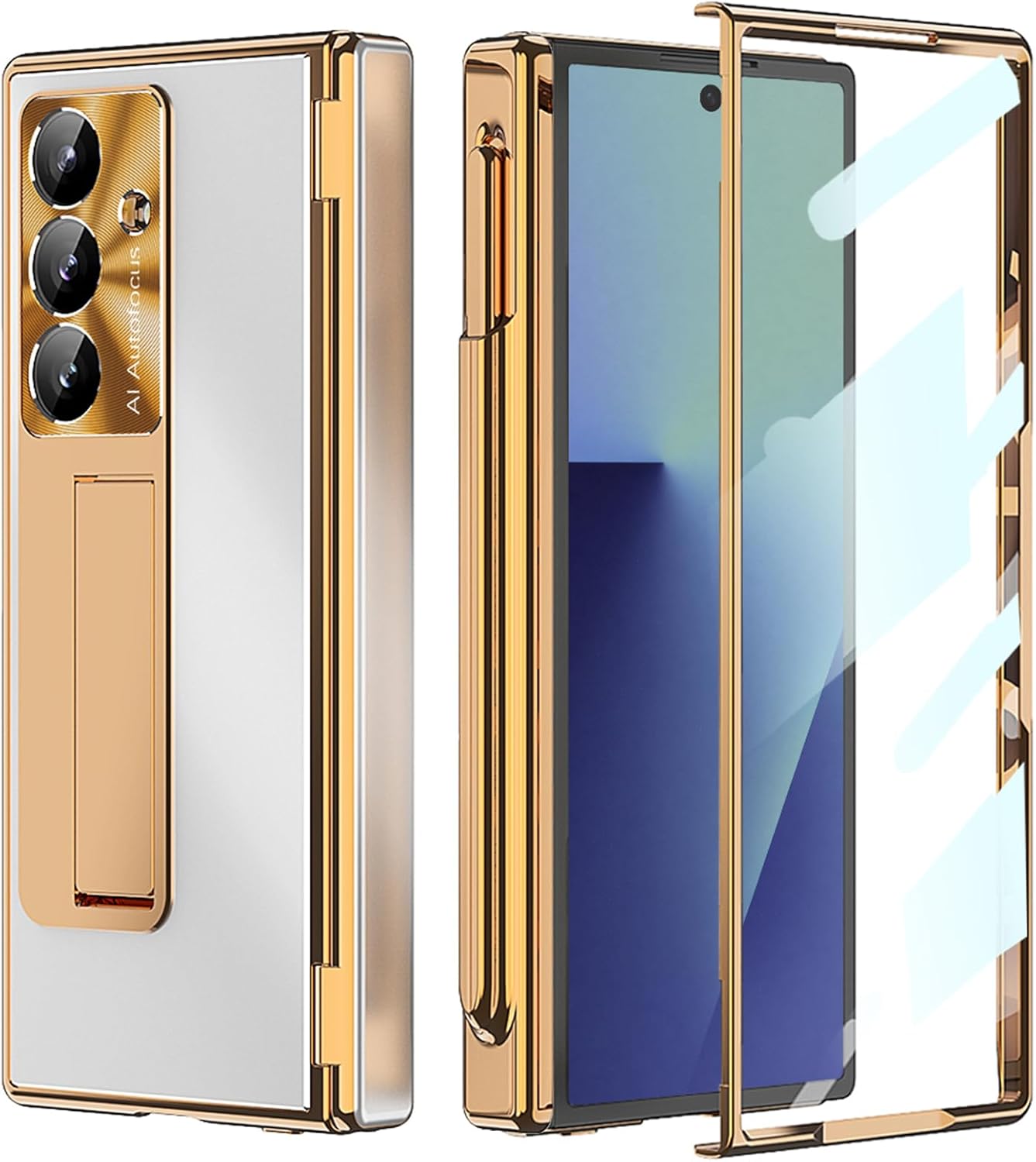 for Samsung Galaxy Z Fold 7 Case with S Pen Holder & Stylus, Z Fold 7 Aluminum Alloy Case [Replacement Protection Cover] Built in Screen Protector Kickstand Case for Z Fold 7 Gold+White