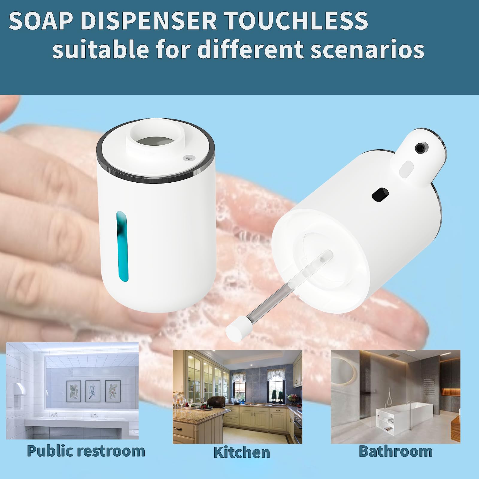 Dispensador automático de jabón sin tacto, dispensador de jabón espumante con 6 niveles ajustables manos libres USB recargable dispensador eléctrico montado en la pared dispensador de platos cocina
