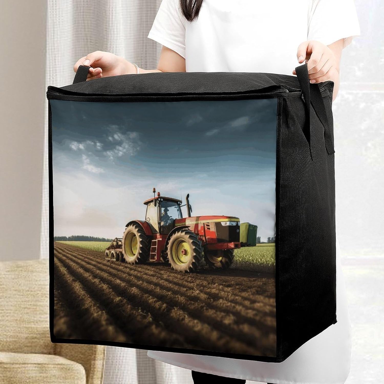 Tractor Farm Storage Bag with Zippers And Handle Extra Large Bedding Comforter Storage Bag Foldable Blanket Storage Bags Fabric Moving Bags for Closet Organizer (70L)