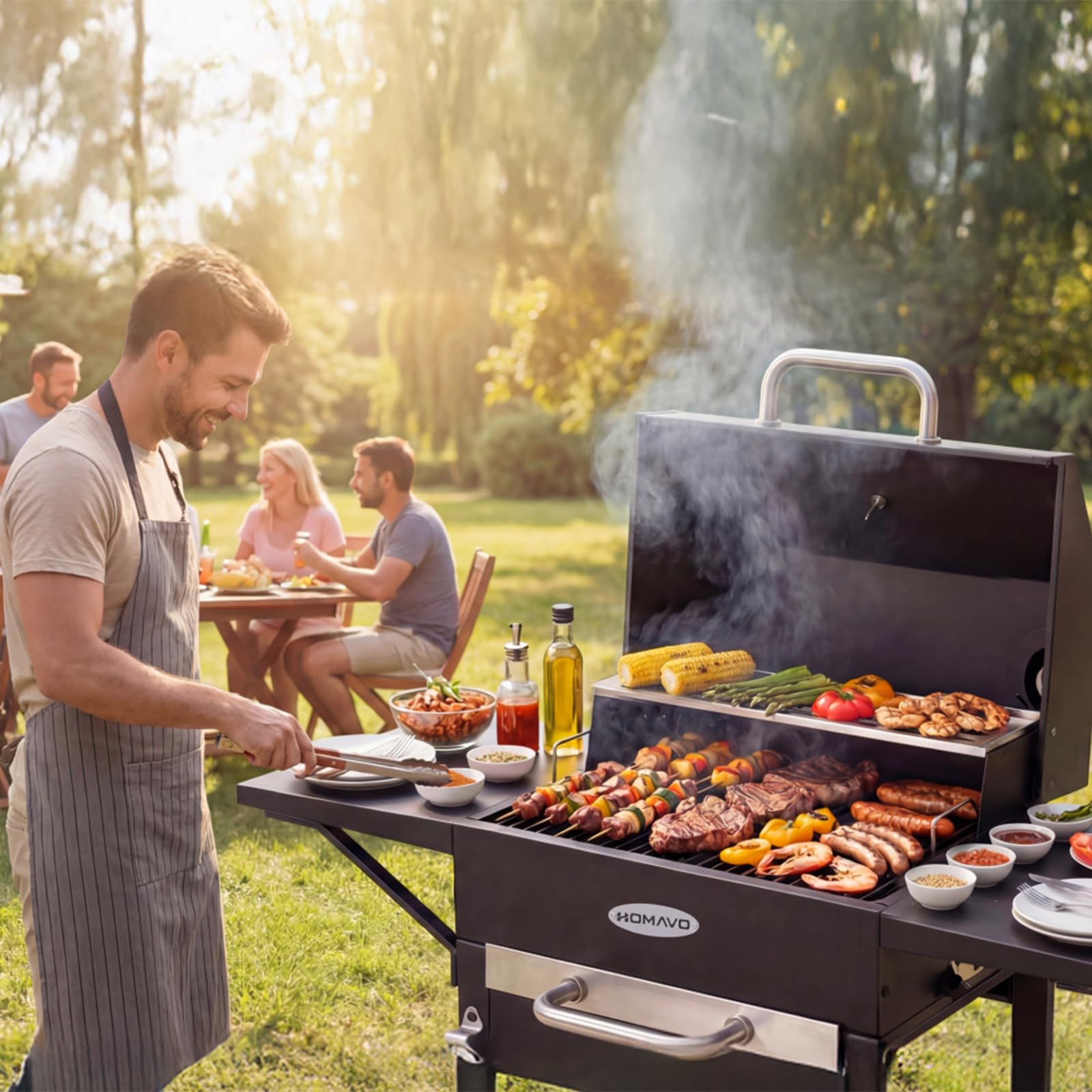 Barbecue a Carbonella, Barbecue con Coperchio, Superficie Cottura: 45×32 cm, Vassoio Carbone Regolabile in Altezza, Tavolino Laterale