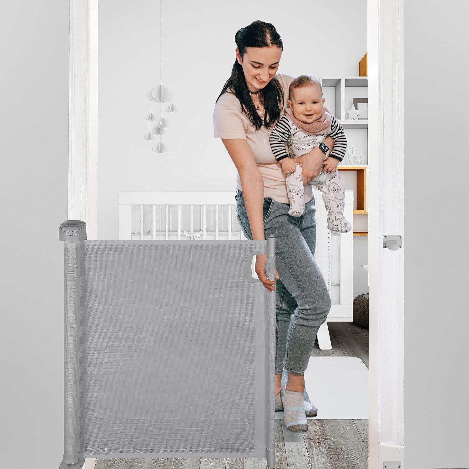 Papablic Retractable Baby Gate, Auto Lock Safety Gate for Baby and Pet, 34" Tall, Extends to 54" Wide, Extra Wide Dog Gate for Indoor Outdoor Stairs Doorways Hallways