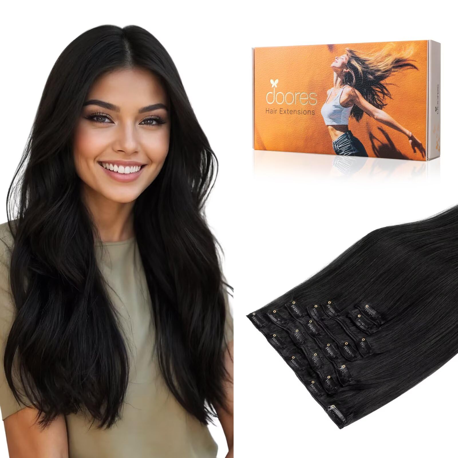 DOORES Hair Extensions Clip in Human Hair Jet Black 18 Inch 7pcs 120g Clip in Real Human Hair Extensions Natural Straight Remy Hair Extensions