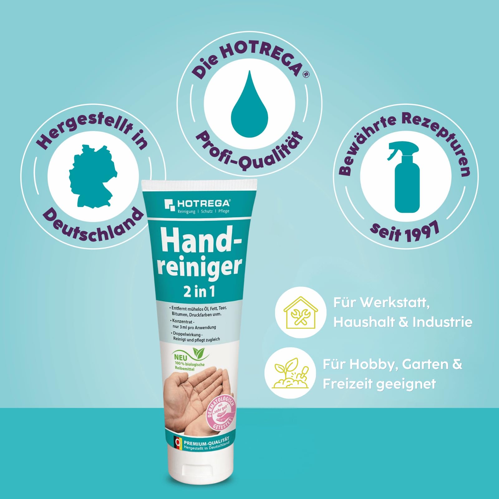 HOTREGA Handreiniger 2in1 4x 250ml | Profi Handwaschpaste mit Rückfettung | Hautschonend gegen Öl & Fett | Natürliches Reibemittel aus Maismehl | pH-hautneutral & ohne Mikroplastik | 1000ml Vorrat