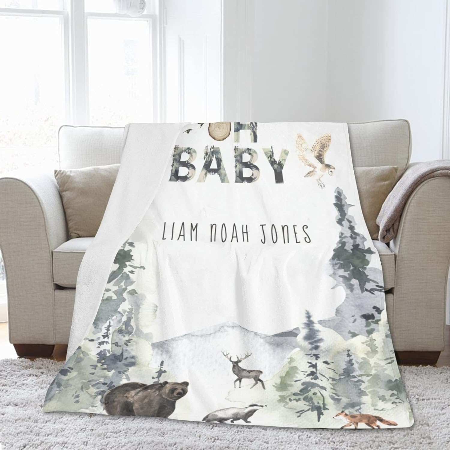 Customized Baby Blanket for Boys Girls Personalized Baby Blanket with Name Soft Plush Fleece Swadding Blankets Newborn Gifts for Baby Boys Girls - Woodland Animals 50x60in