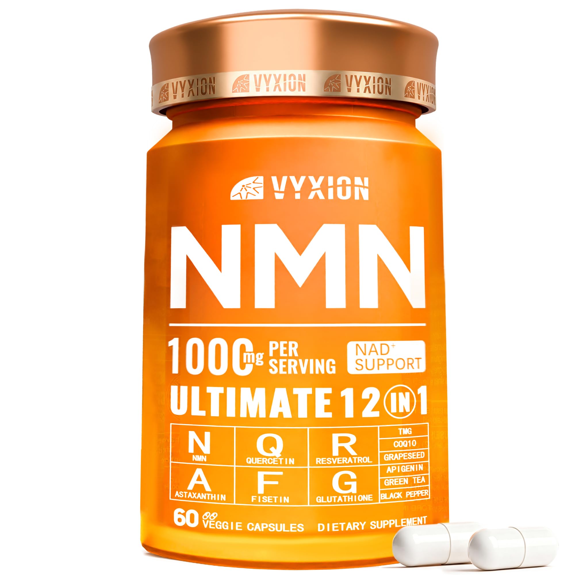 Vyxion NMN Supplement 1000mg Complex | 12-in-1 NAD+ NMNH Alternative with Resveratrol, CoQ10, TMG, Quercetin & Antioxidant Blend | Cellular Energy & Healthy Aging | 60 Veggie Capsules