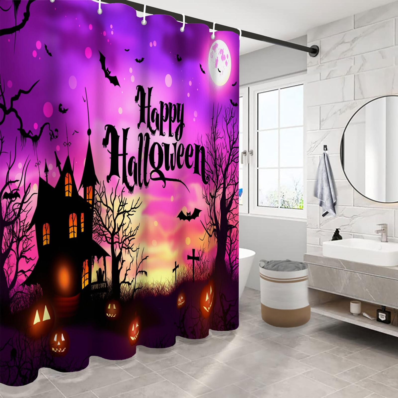 Duschvorhang Kürbis Mit Fledermausmotiv Aus Einem Spukhaus H240Xb200Cm | Cartoon-Fantasy Halloween Wasserdichter Stoff Maschinenwaschbarer Badezimmervorhang Mit Haken
