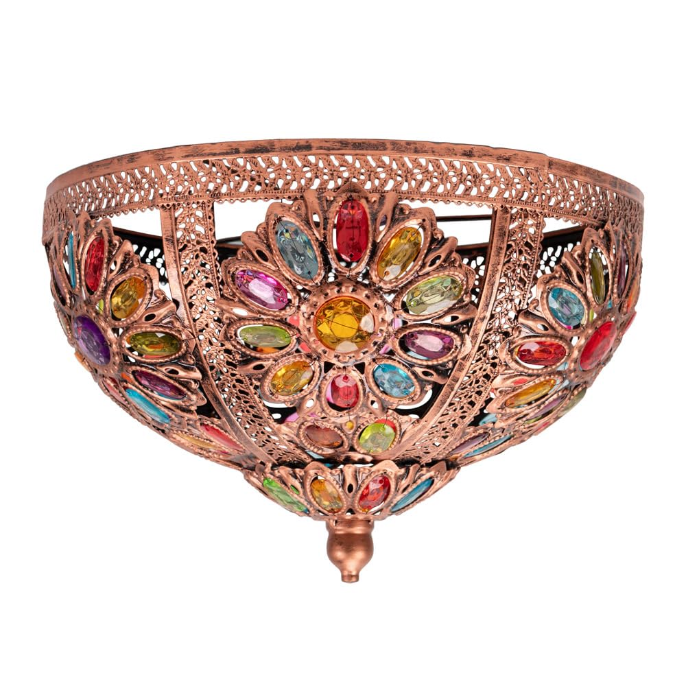 ValueLights | Moroccan Bazaar Style Bronze Uplighte Ceiling Light Easy Fit Pendant Shade with Multi Coloured Jewels Bulb Included | Shades & Home Improvements Essential | 34cm Shade Width