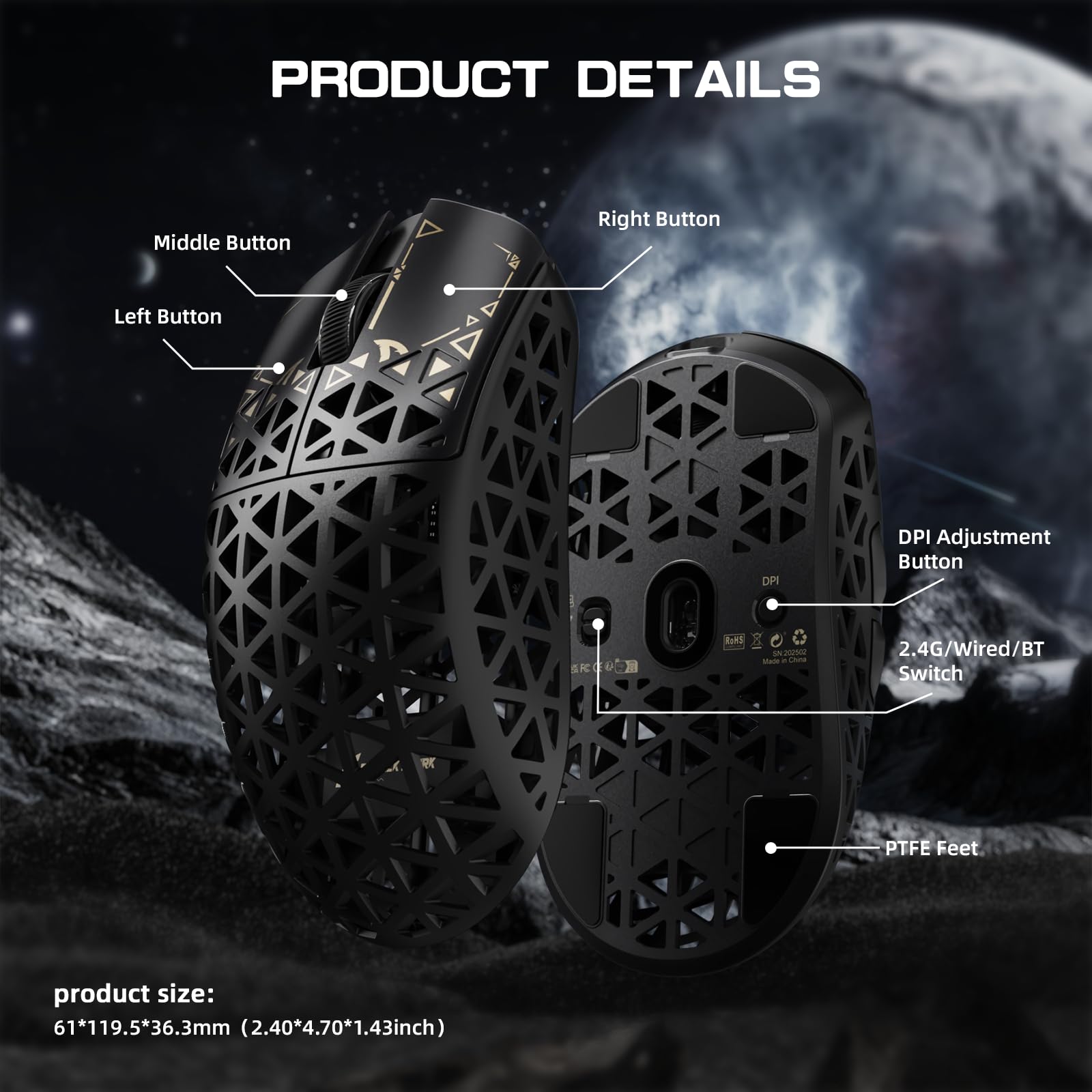 ATTACK SHARK R5 Ultra Mouse da Gioco Wireless HyperSpeed Fibra Carbonio, Mouse Ultraleggero 39g, 2,4G/BT/USB-C Cablato, Sensore PAW3950MAX, Frequenza Polling Wireless 8KHz, 42KDPI, Win/Mac -Nero