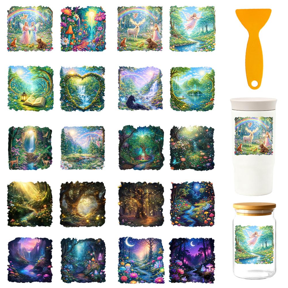 GOMAKERER 20 Pcs Magic Fairy Theme UV DTF Cup Wraps, 10 Sheets Rainbow Forest Sprite Cup Transfer Stickers Waterproof Rub on Transfer Reusable DIY Vinyl Decals for Glass Cups Furniture