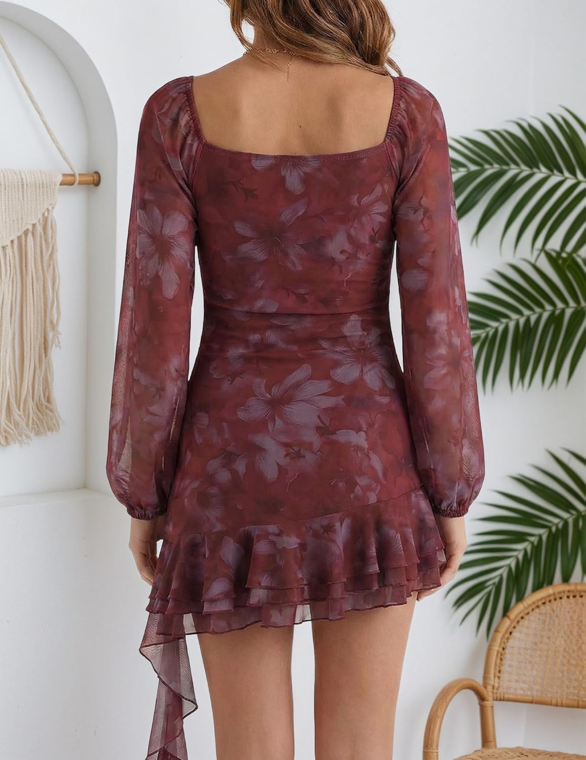 DERAX Women's Mesh Long Sleeve Mini Dress Floral Square Neck Fairy Dress Ruffle Party 2026 Spring Short Dresses - Image 2