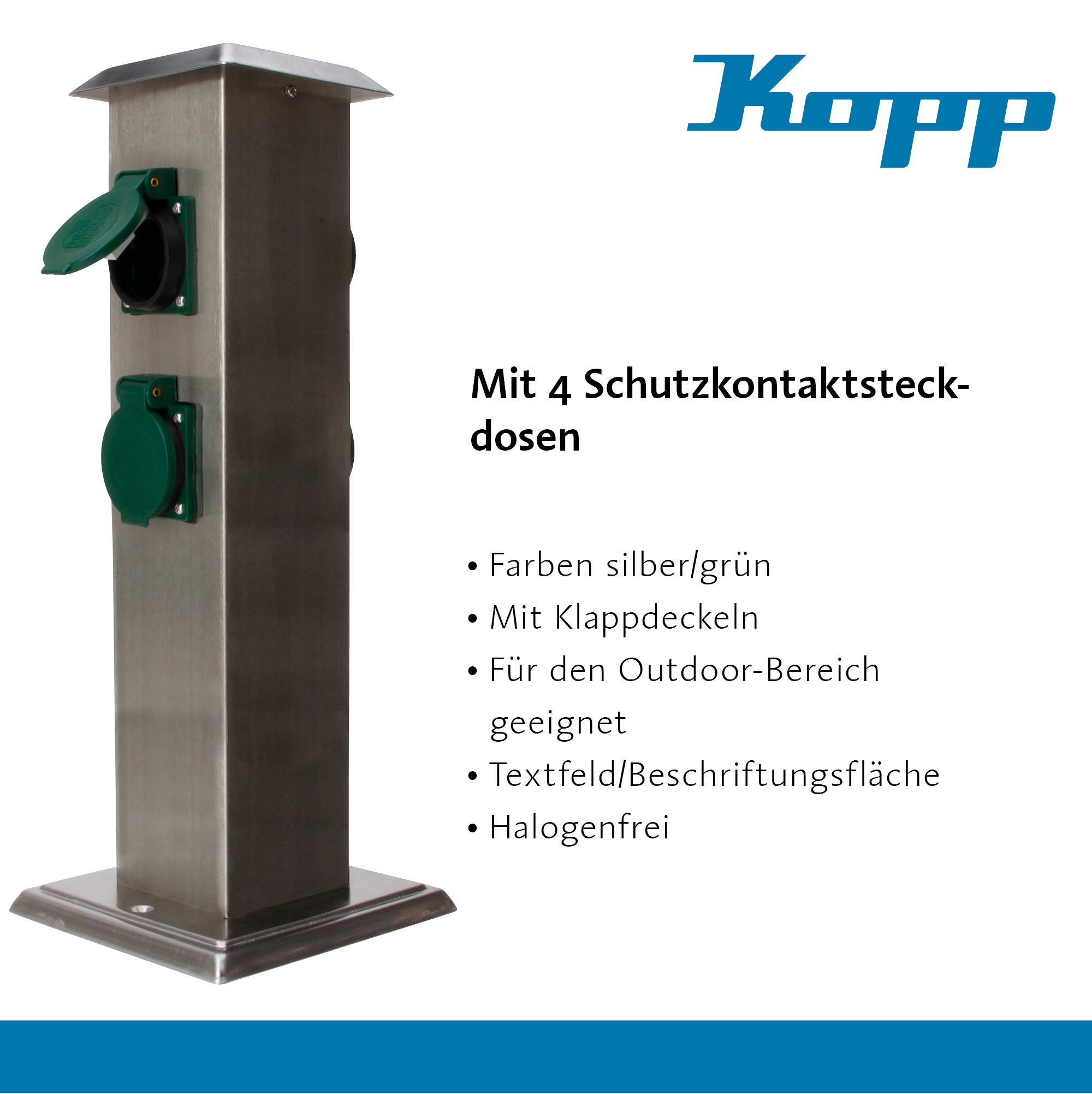 Kopp Palo di alimentazione da Giardino con 4 Prese di Contatto protettive 230 V, Presa di Corrente in Acciaio inox per uso esterno, Presa di Corrente da Giardino, Argento, 145330013