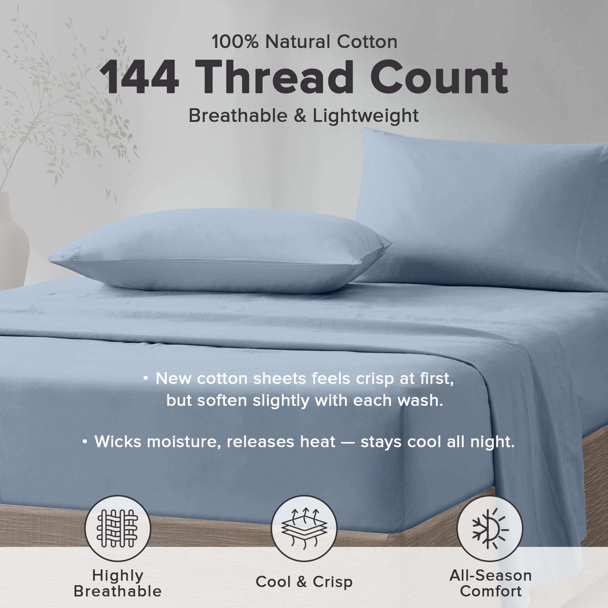Blue 100% Cotton Percale Twin Sheet Set 3 Pcs U53239