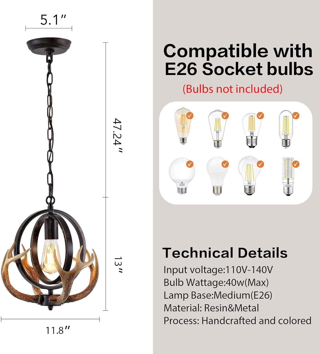Rustic Antler Pendant Light, Metal Globe with Resin Antlers, 11.8 Inch, E26 Base, Brown, Indoor Hanging Light for Kitchen, Dining Room (1 Lights)