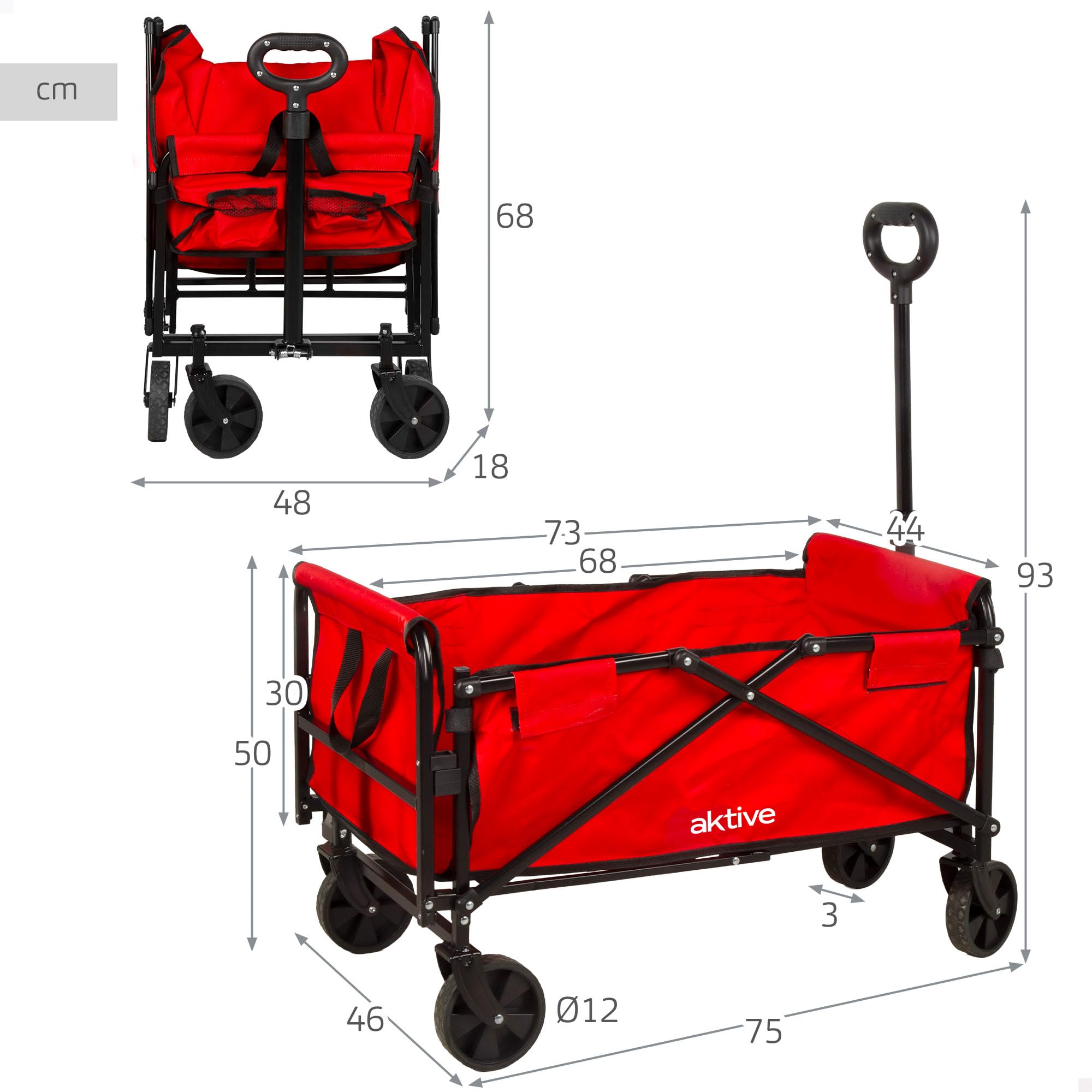 AKTIVE Carro Playa Ligero, Rojo, 73x44x93 cm, Plegado acordeón, Asa Ajustable, Carga soportada 80 kg, Estructura de Acero, Carrito Transporte con Ruedas, Carros auxiliares (62503)