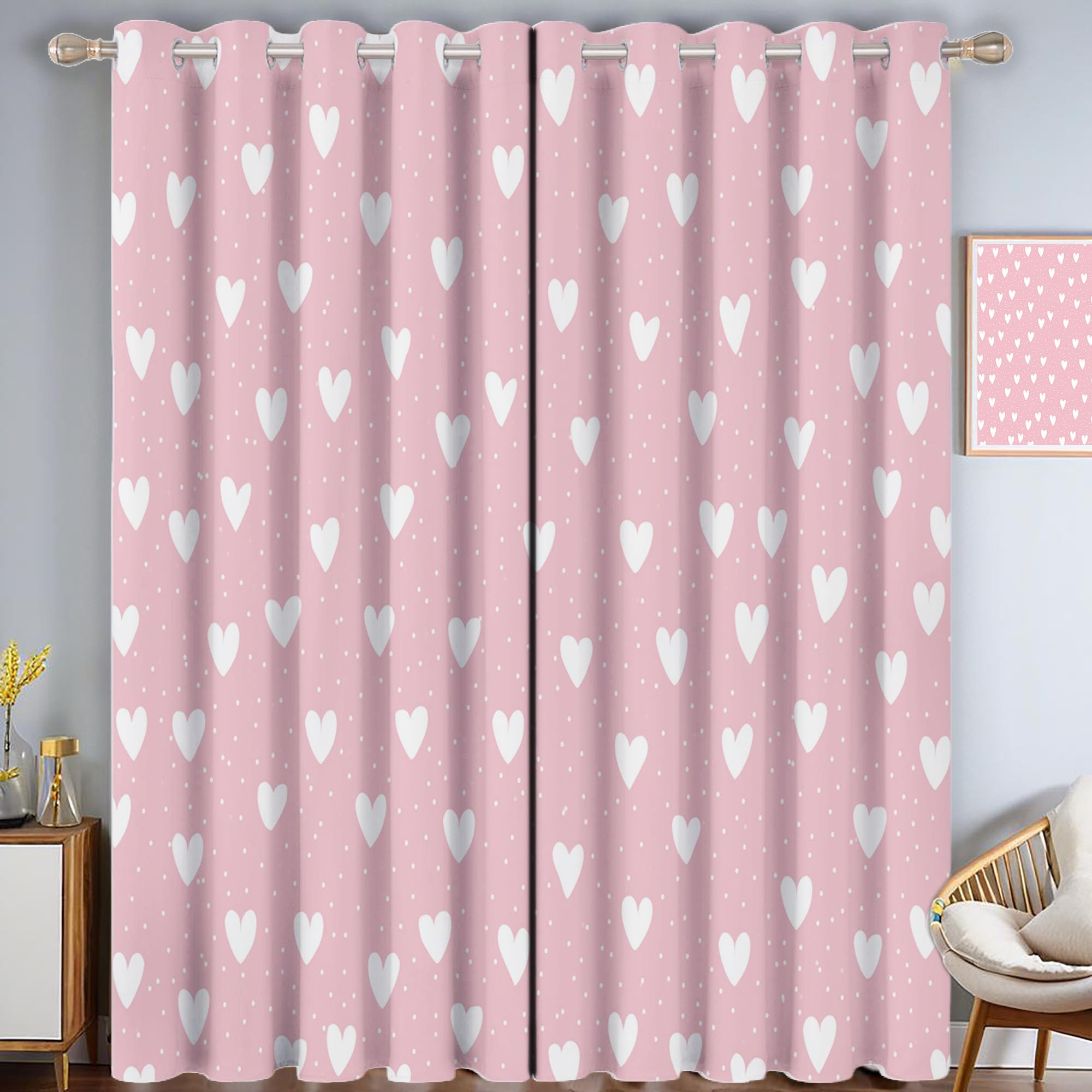 Rideau Occultant Thermiques Anti Froid Cœur De Dessin Animé Imprimé 117Lx183H Cm Rideaux Opaques pour Salon Chambre, Jolis Pois Design avec Oeillet Poudre Blush Lot De 2 De Cuisine