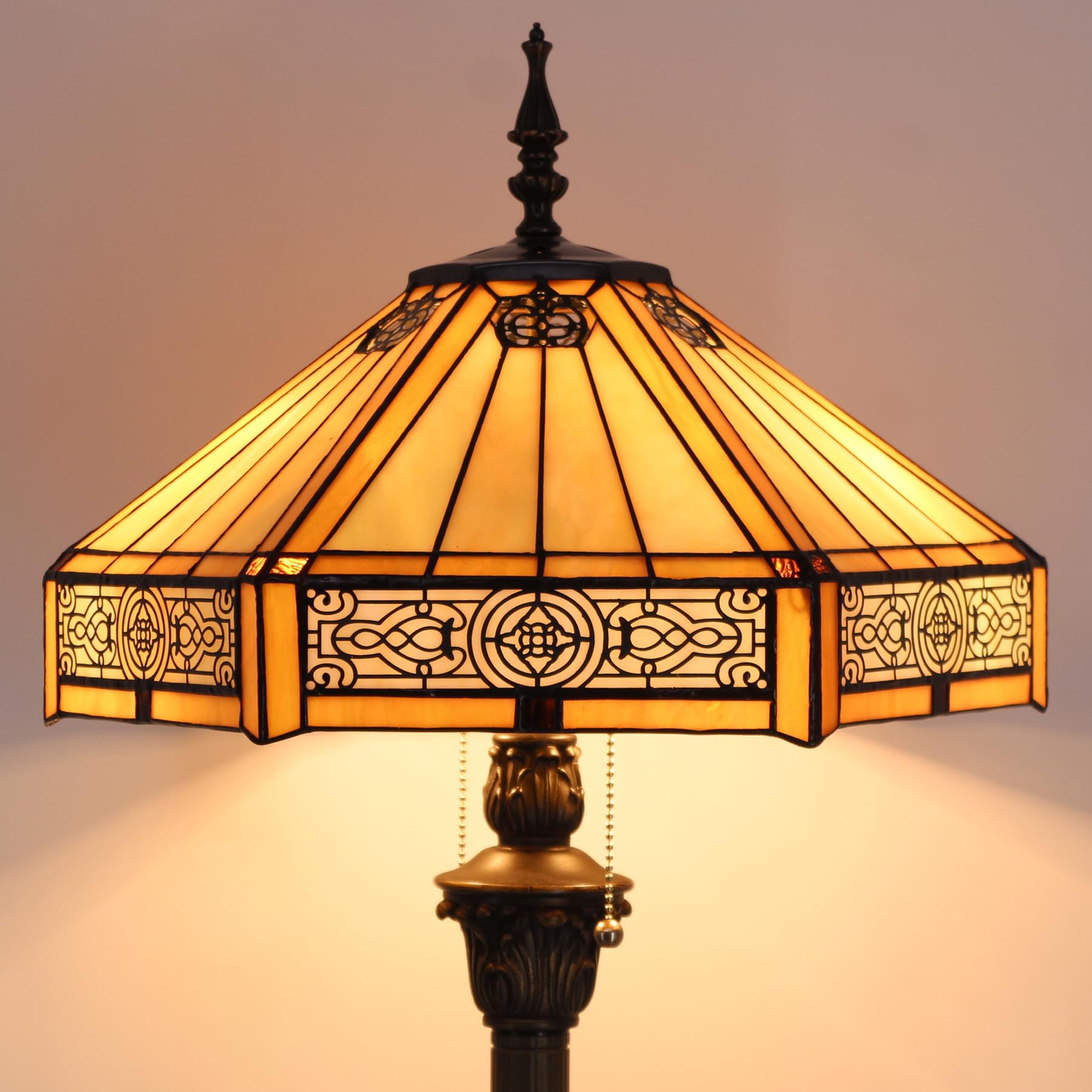 WERFACTORY Tiffany Floor Lamp Yellow Hexagon Stained Glass Mission Standing Reading Light 16X16X64 Inches Antique Pole Corner Lamp — view 9