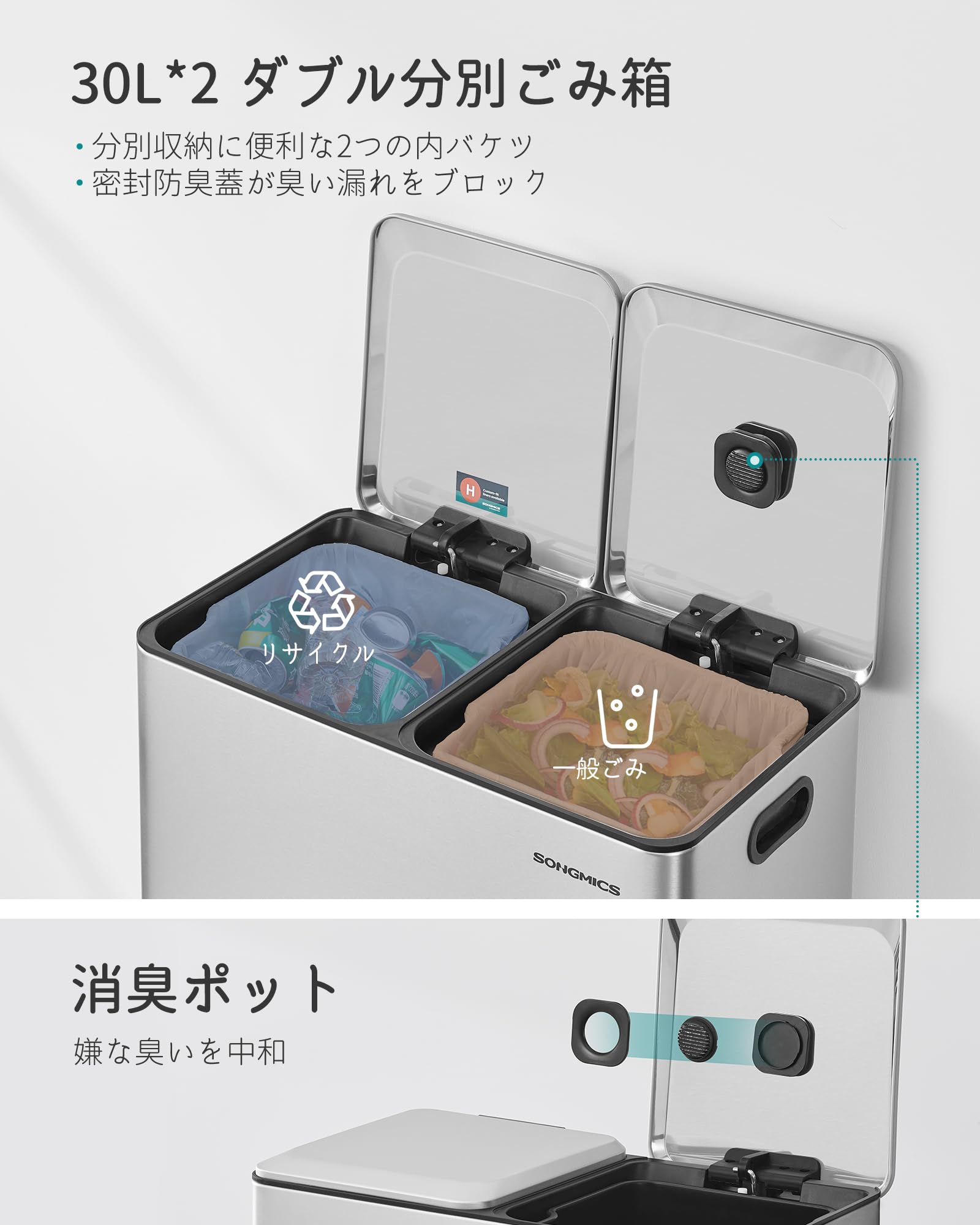 Amazon.co.jp: SONGMICS ゴミ箱 ふた付き 分別 2x30L キッチン用 大