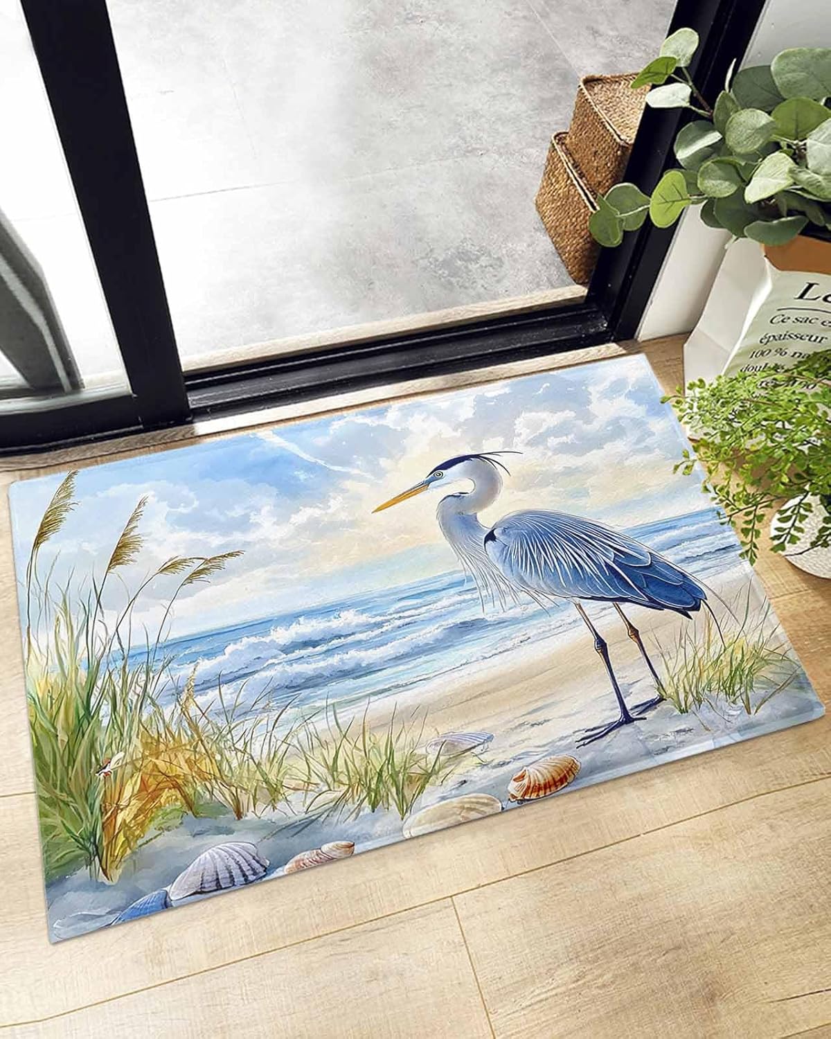 Indoor Doormat Long-beaked Heron in Beach,Shaggy Floor Mat with Non-Skid Backing Nautical Coastal Ocean Seascape,Machine Washable Plush Area Rug Carpets for Kitchen Nursery Bedroom