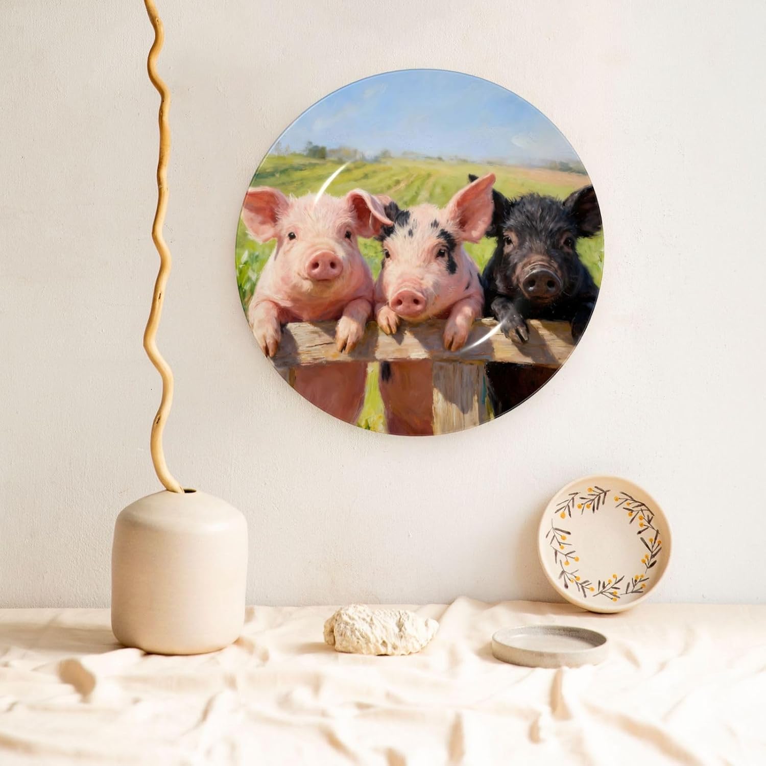 Three Cute Pigs Style Ceramic Plate Display Decorative Plate With Stand Wall Hanging Plate For Home Decor 10 Inch