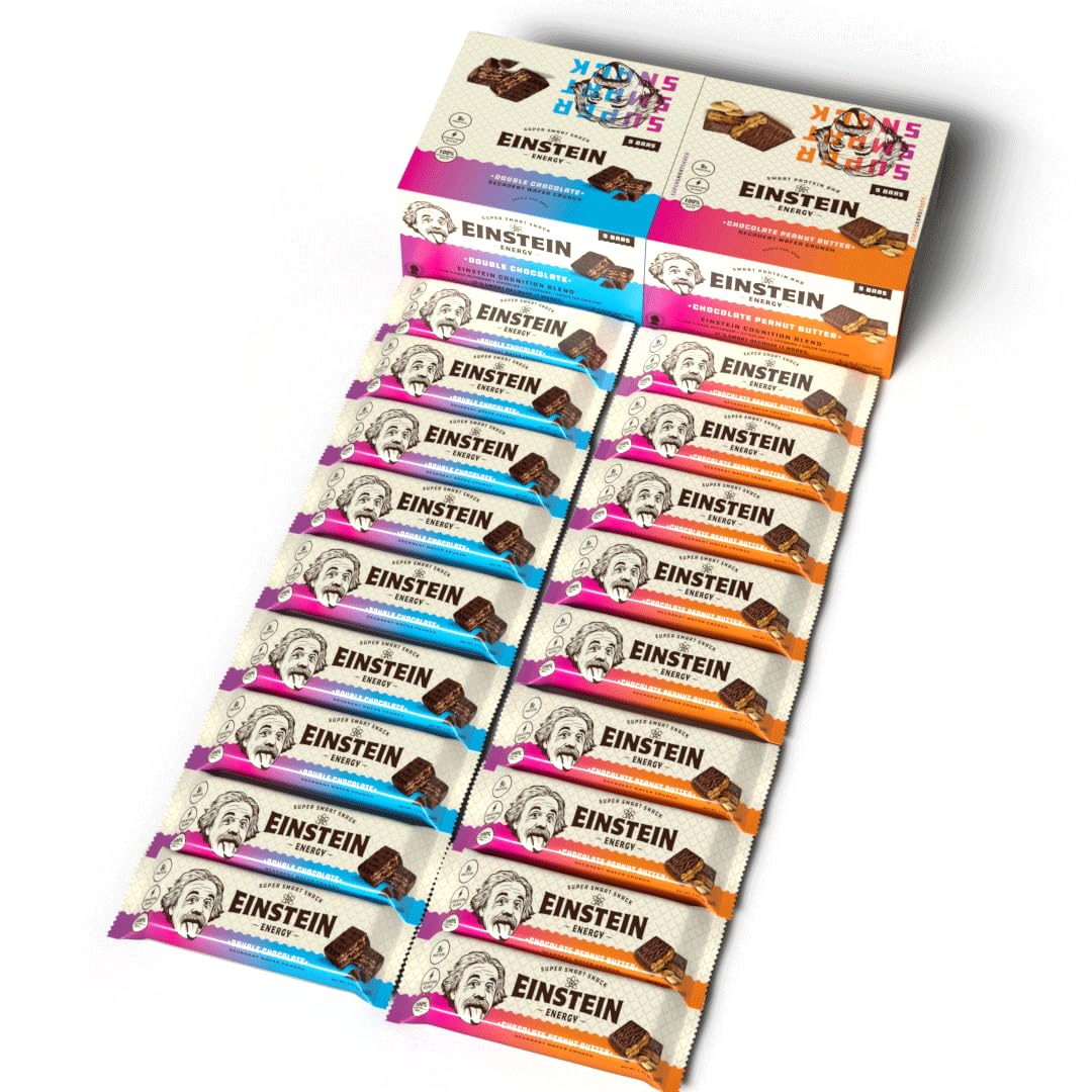 Einstein Energy Smart Snack Bars- Double Chocolate & Peanut Butter Protein Bars with Lion’s Mane, Green Tea Extract & Caffeine for Focused Energy- Chocolate Wafers Bars Boost Mind, Body & Mood Anytime