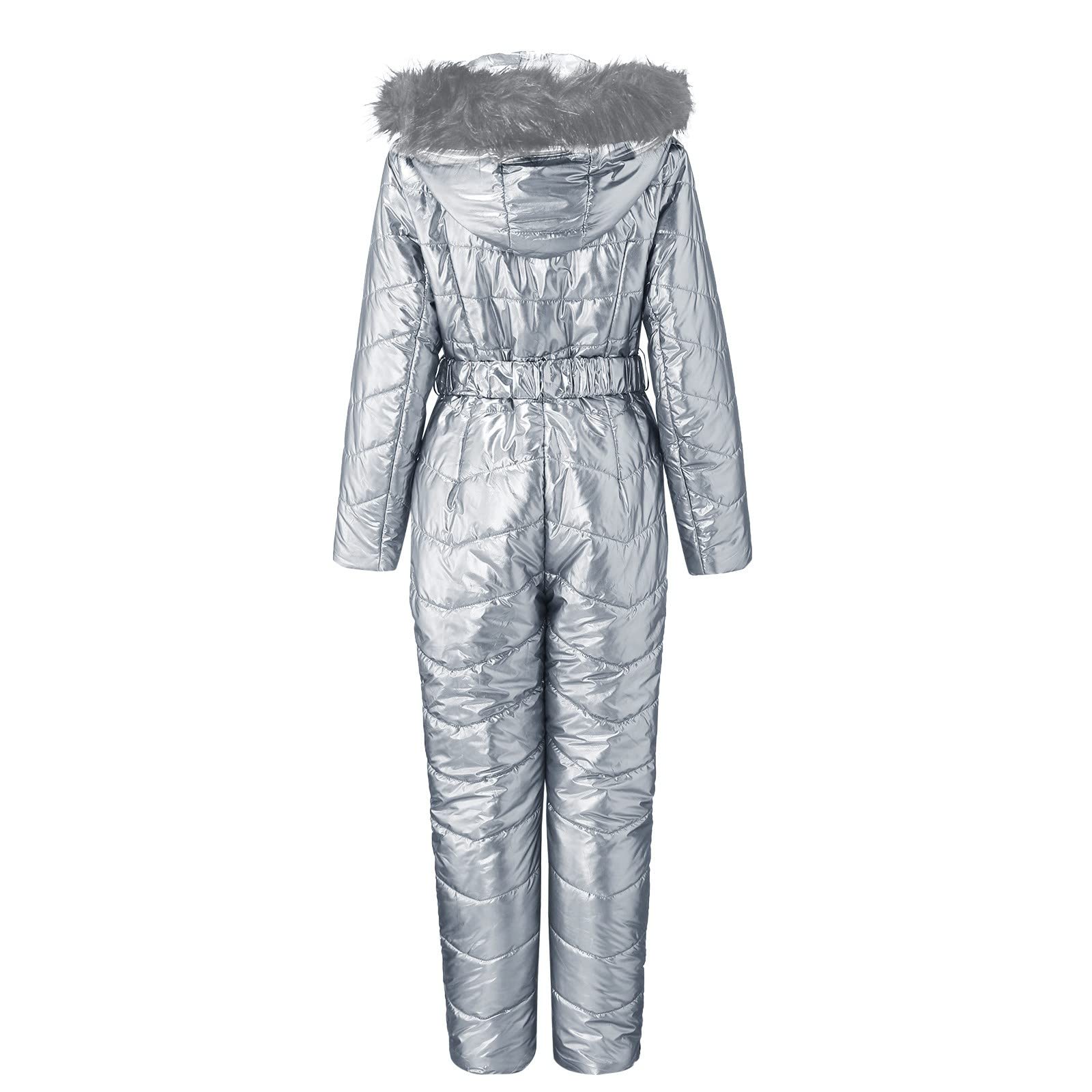 Tuta da sci da donna lucida metallizzata, tuta invernale da neve con cappuccio staccabile in pelliccia sintetica, impermeabile e antivento, attrezzatura da sci isolata, perfetta per sci, snowboard,