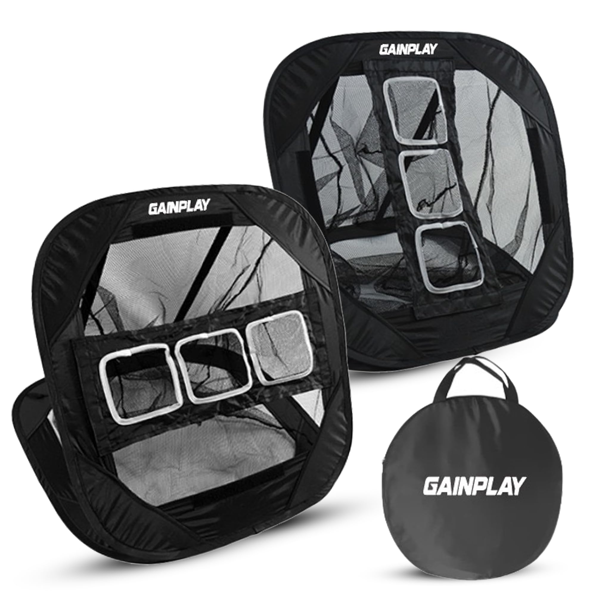 GainPlay Golf Chipping Netz – Trainingsnetz mit verstellbaren & herausnehmbaren Zielzonen (horizontal & vertikal), Pop-Up Design, tragbar mit Tasche – Golf Übungsnetz für Präzisionstraining