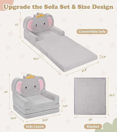 Miniatura 3 de Sofá para niños, sofá suave 2 en 1 plegable con manta, silla cómoda, sofá plegable de felpa convertible, regalos para niños, niñas y niños, elefante