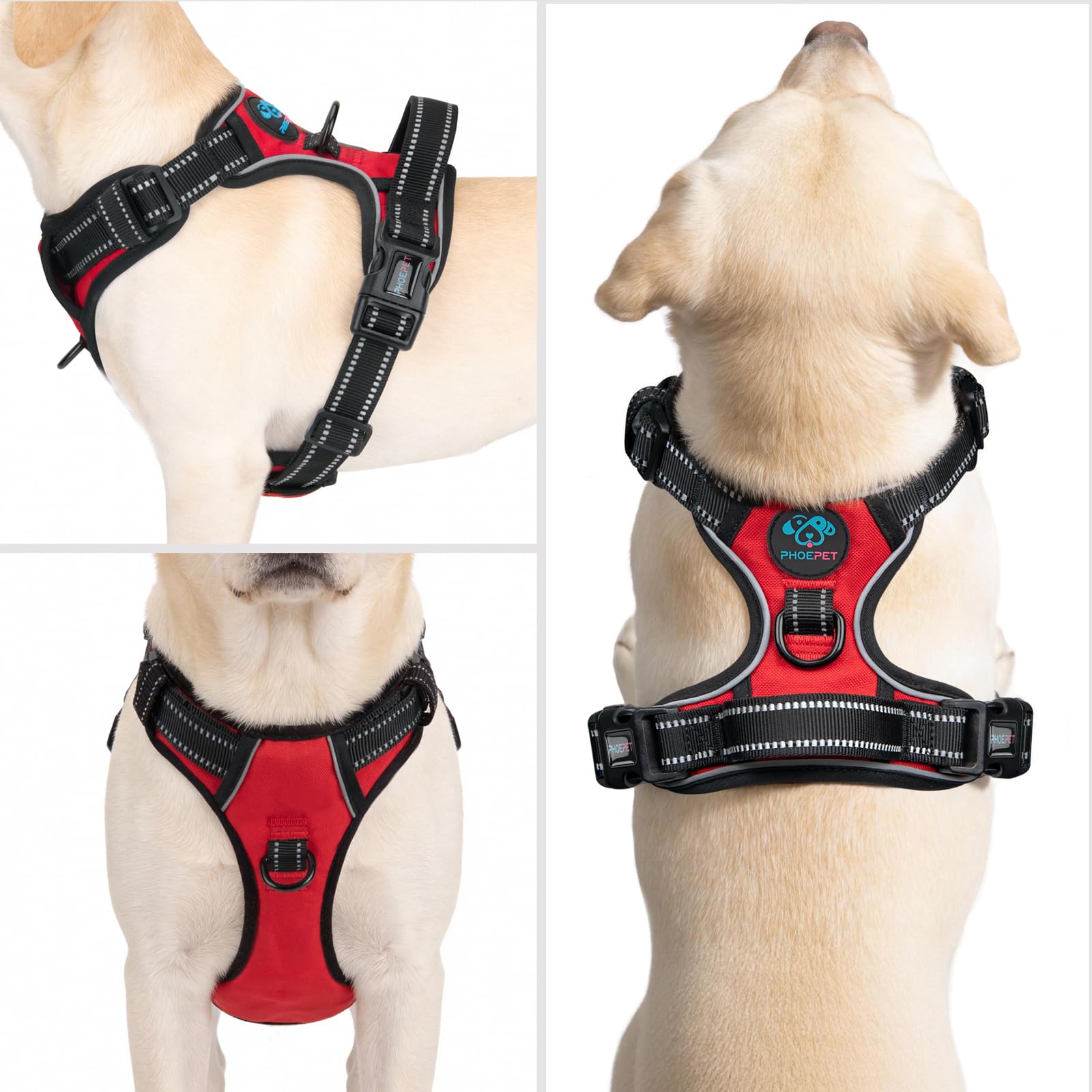 PHOEPET - Arnés para perro sin tirar, reflectante, ajustable, con 2 ganchos de metal y mango suave