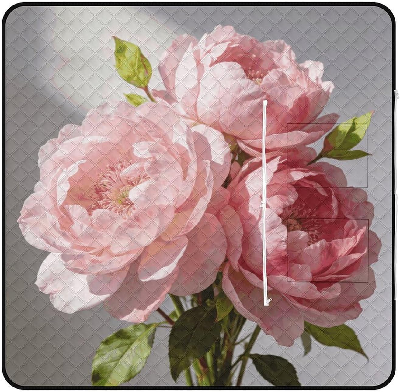 Pink Flowers Picnic Blanket with Zipper Water Resistant Sand Free Picnic Mat Washable Foldable Easy Carry Beach Blanket for Lawn Beach Hiking Camping