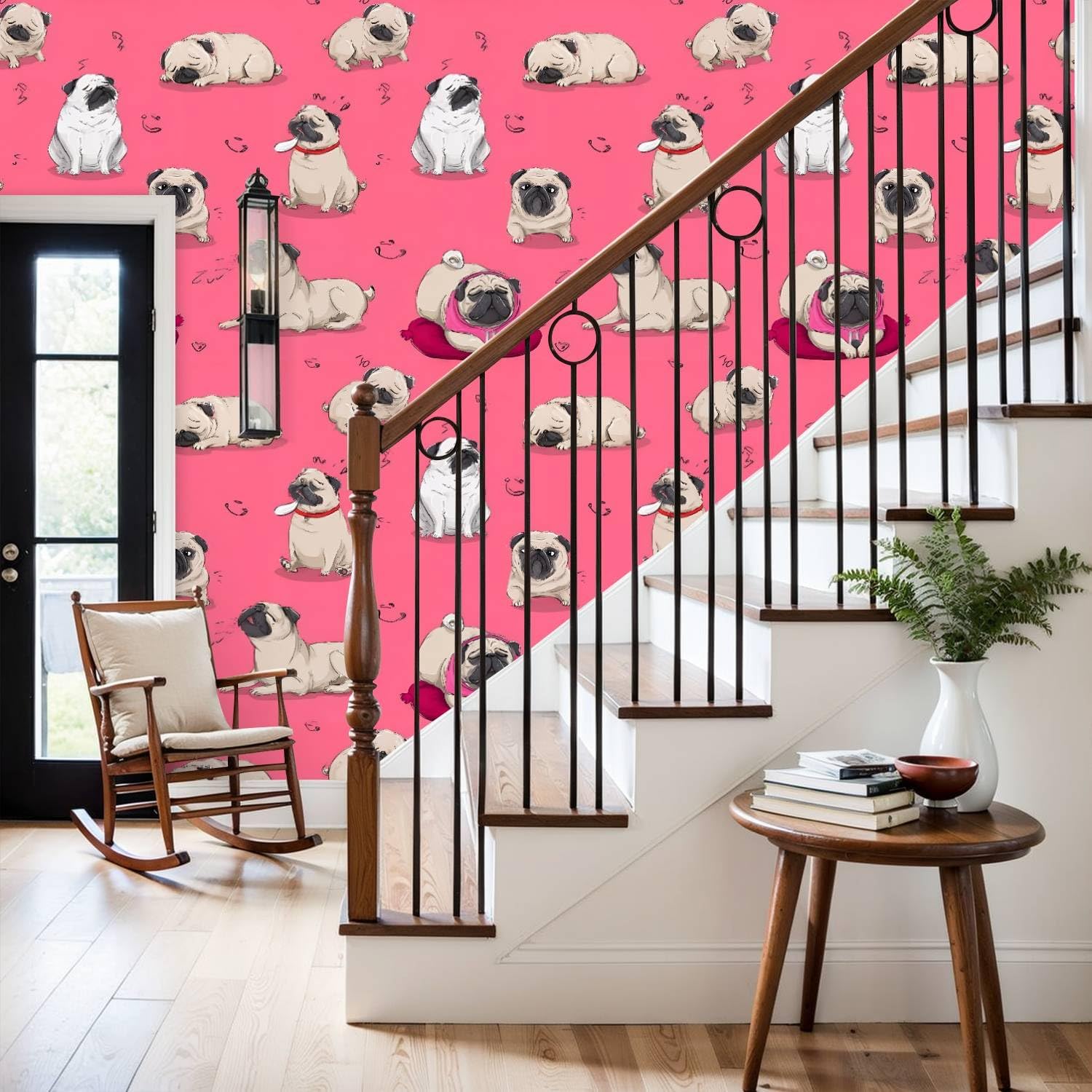 Peel and Stick Wallpaper Seamless Cute Cartoon Pug Wall Contact Paper 24"x118" Waterproof Self Adhesive Vinyl Covering for Bathroom Kitchen Decor