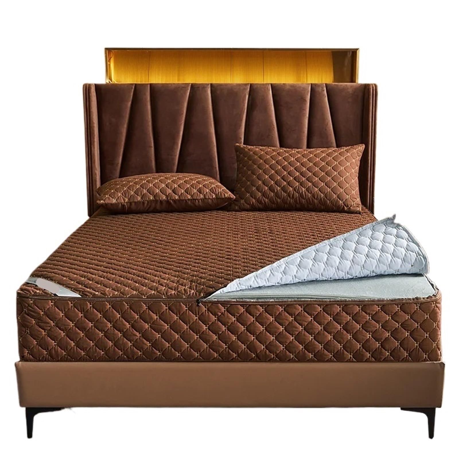 Zipped Mattress Protector Thicken Quilted Mattress Cover With Zipper Bedspread Soft King Queen Tatami Bed Fitted Shee(Color3,Pillowcases48x74cmx2)