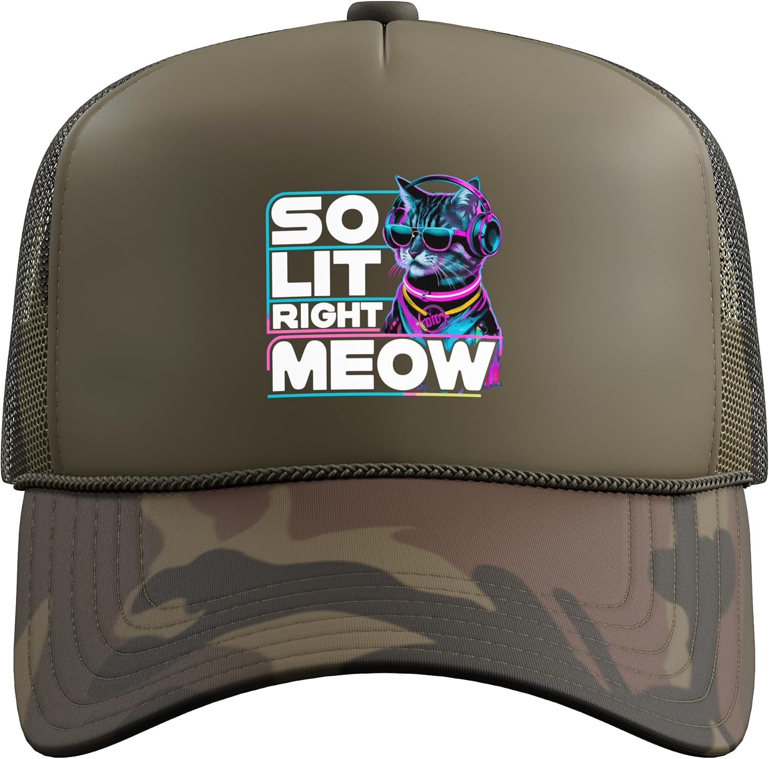 DJ Cat So Lit Right Meow EDM Techno Rave Party Festival 2026 Trucker Hat with Adjustable Mesh Back image 2