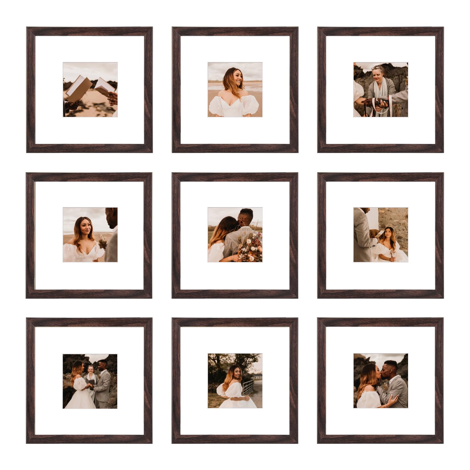 BSRHOME 8x8 Picture Frame Set of 9, Display Pictures 4x4 with Mat or 8x8 without Mat, Multi Collage Gallery Square Photo Frames for Wall or Tabletop,