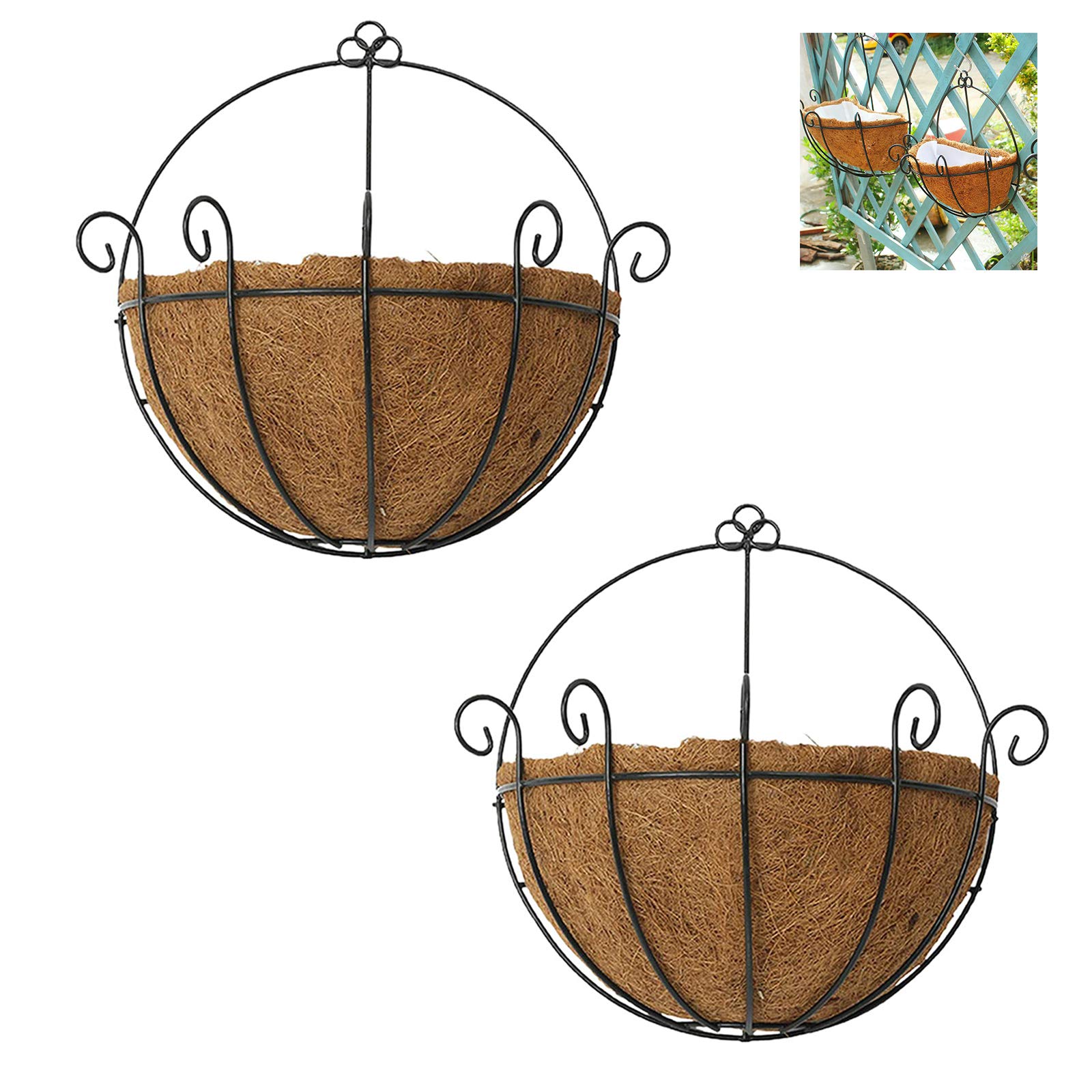 2PCS Metal Wall Hanging Planters Hanging Plant Baskets Pot Flower Wall Holder with Coco Liner for Garden Decor，Plant Hanger for Indoor Outdoor Garden Porch Fence Balcony Decor,10Inch