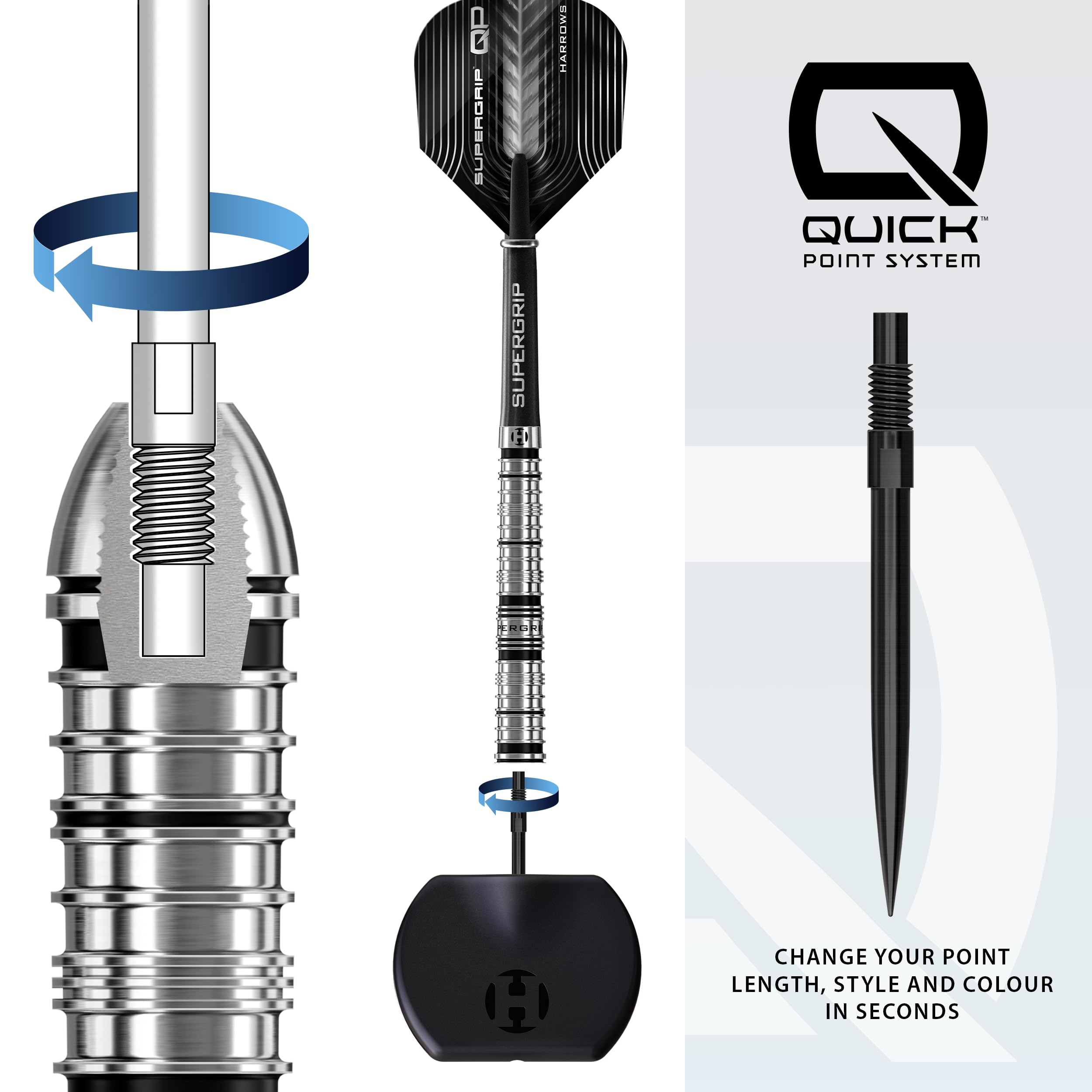 Harrows SuperGrip QP stożkowe rzutek 90% wolframu, zestaw rzutek ze stalową końcówką z systemem szybkiej wymiany punktów, 22 g, 23 g, 24 g, 26 g, 28 g i 30 g, zawiera trzonki Supergrip i loty 100
