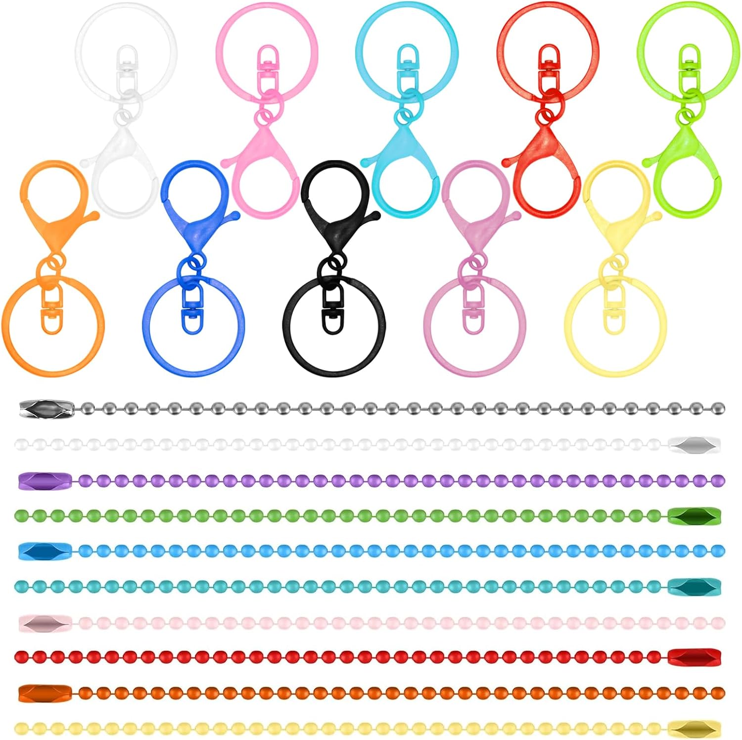 Waltool 60Pcs Colorful Metal Keychain Making Set Contains Lobster Clasp Swivel Trigger Clips with Split Keyring, Ball Beads Chain with Connector, Jewelry DIY Accessories for Key Chains Ornament
