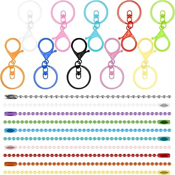 Waltool 60Pcs Colorful Metal Keychain Making Set Contains Lobster Clasp Swivel Trigger Clips with Split Keyring, Ball Beads Chain with Connector, Jewelry DIY Accessories for Key Chains Ornament