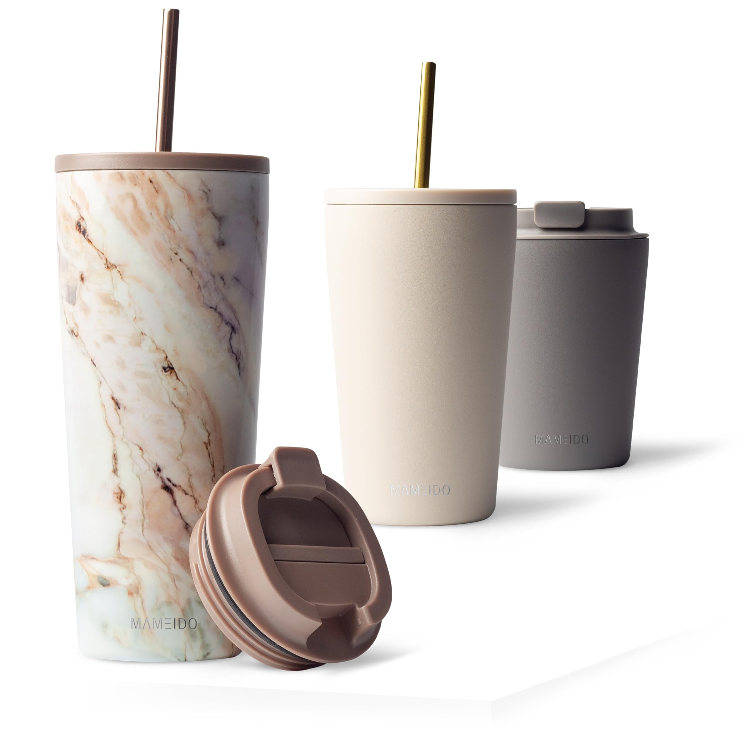 MAMEIDO Thermobecher mit Strohhalm 700 ml, Trinkbecher mit Deckel und Strohhalm aus Edelstahl doppelwandig isoliert, auslaufsicher, Coffee to go Becher (Pearl Marble)