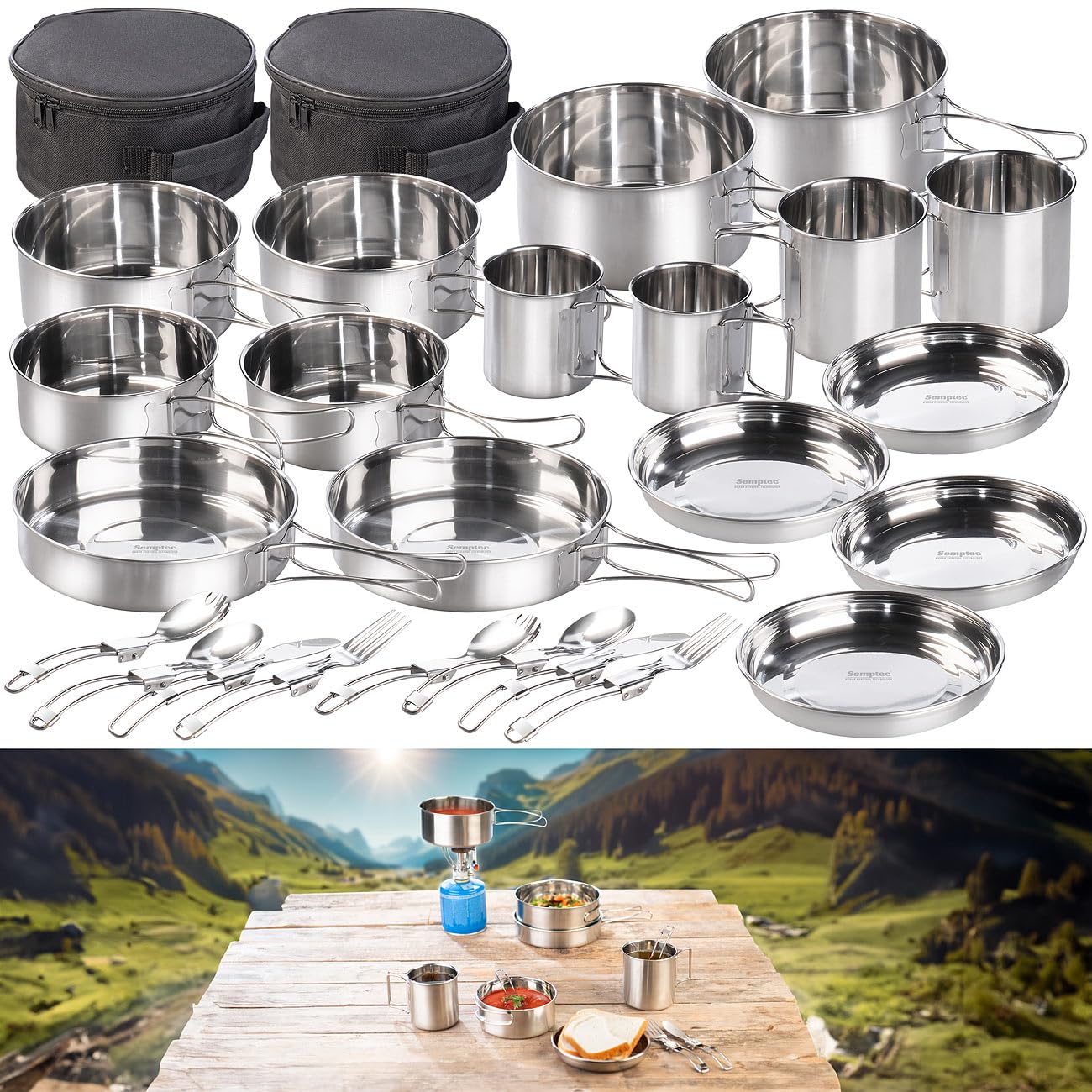 Semptec Urban Survival Technology Camping-Pfanne: 24-teiliges Edelstahl-Camping-Kochgeschirr-Set mit Besteck und Tasche (Outdoor-Geschirr, Topfset)