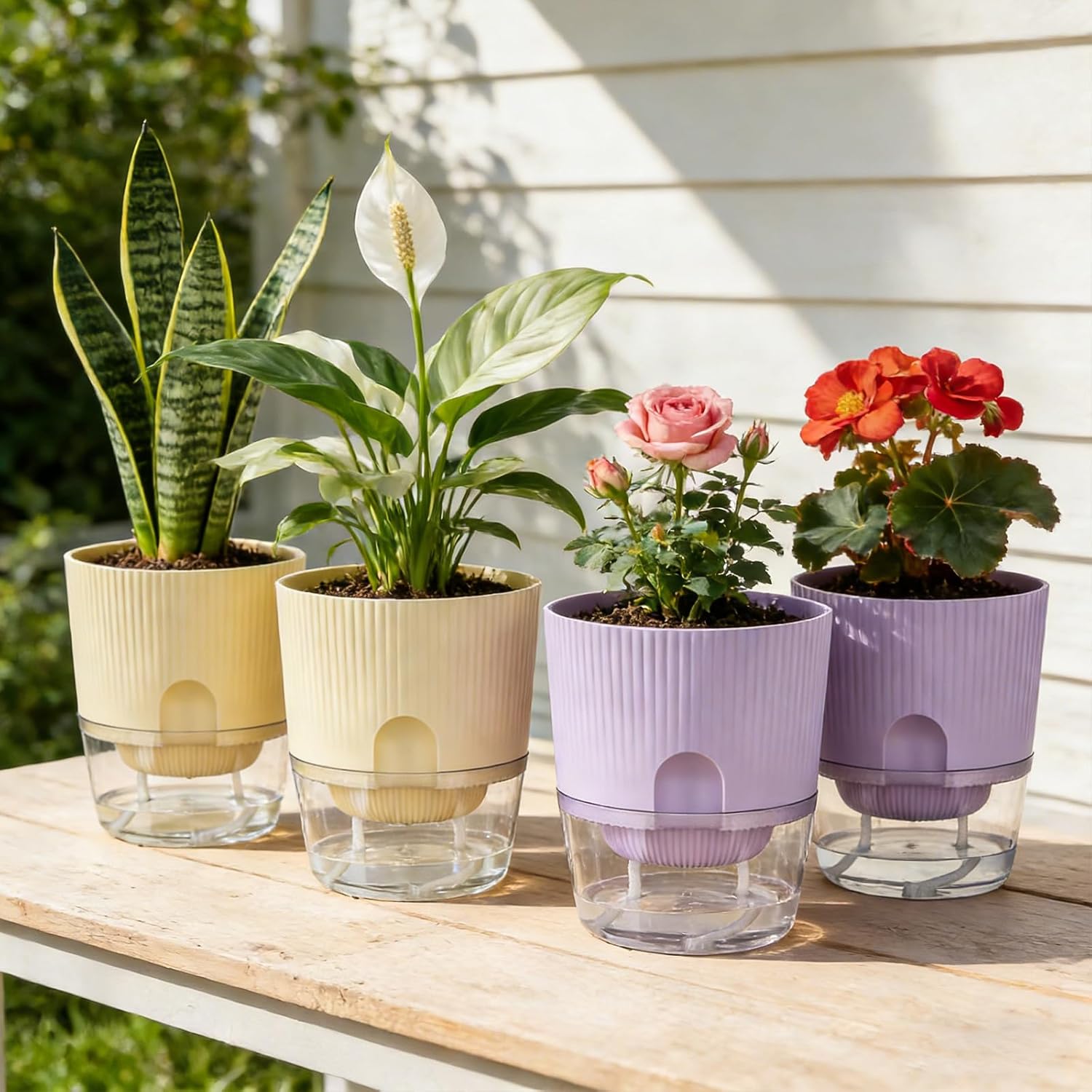 Self Watering Pots for Indoor Plants, 4 Pack 5.7 Inch Flower Pots with Deep Reservoir & Drainage Holes, Yellow Purple Plastic Planters with Water Level Window for Succulents Orchids