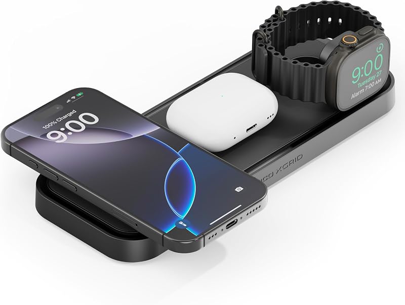 XGrid XDP3 3-in-1 Wireless Charging Station - iPhone, Watch & AirPods | MagSafe Compatible, Qi2 & MFi Certified, Weighted Metal Design, Includes 45W USB-C Wall Charger and 6.5-Foot USB-C Cable