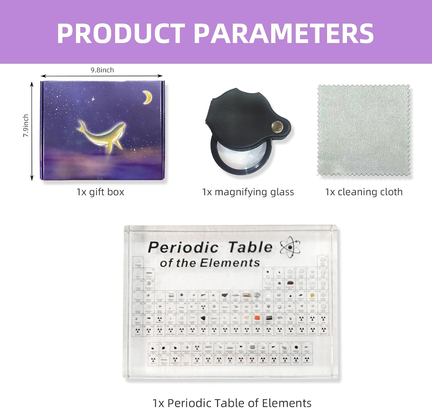 Periodic Table with 83 Real Elements Inside, Periodic Table of Elements & Magnifying Glass, Creative Gift for Teachers, Parents, Friends and Students