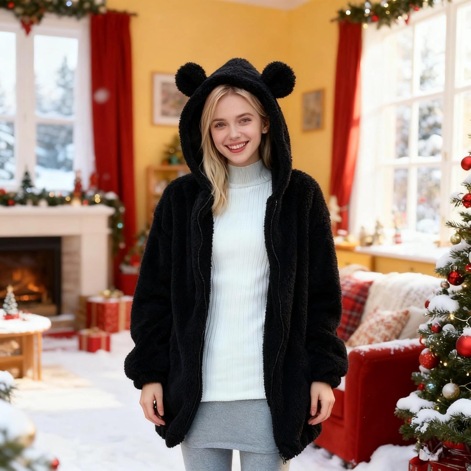 Fluffy Bear Hoodie with Ears for Women Fuzzy Bunny Ear Hoodie Kawaii Bear Sweater Jacket Warm Plush Sweatshirt - Image 5