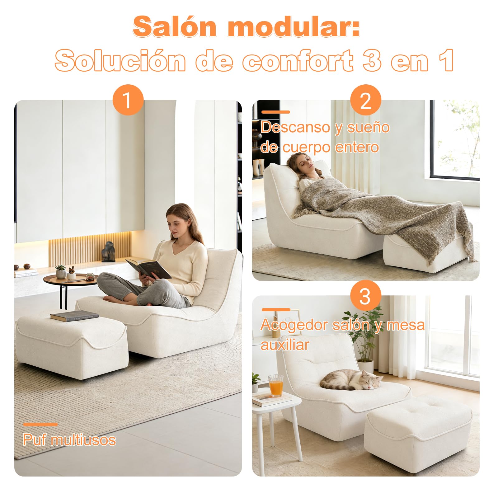 Sofá Puf, Grandes Tumbonas Puf con Otomana para Adultos y Niños Cómodo Sofá de Suelo con Relleno de Espuma Viscoelástica para el Dormitorio y el Salón
