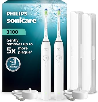 Philips Sonicare 3100 Series Electric Toothbrush - Sonic Toothbrush with Pressure Sensor, 3 Intensity Levels, EasyStart, SmarTimer, 14-Day Runtime, Travel Case, White, 2 Pack, HX4072/41, [New]