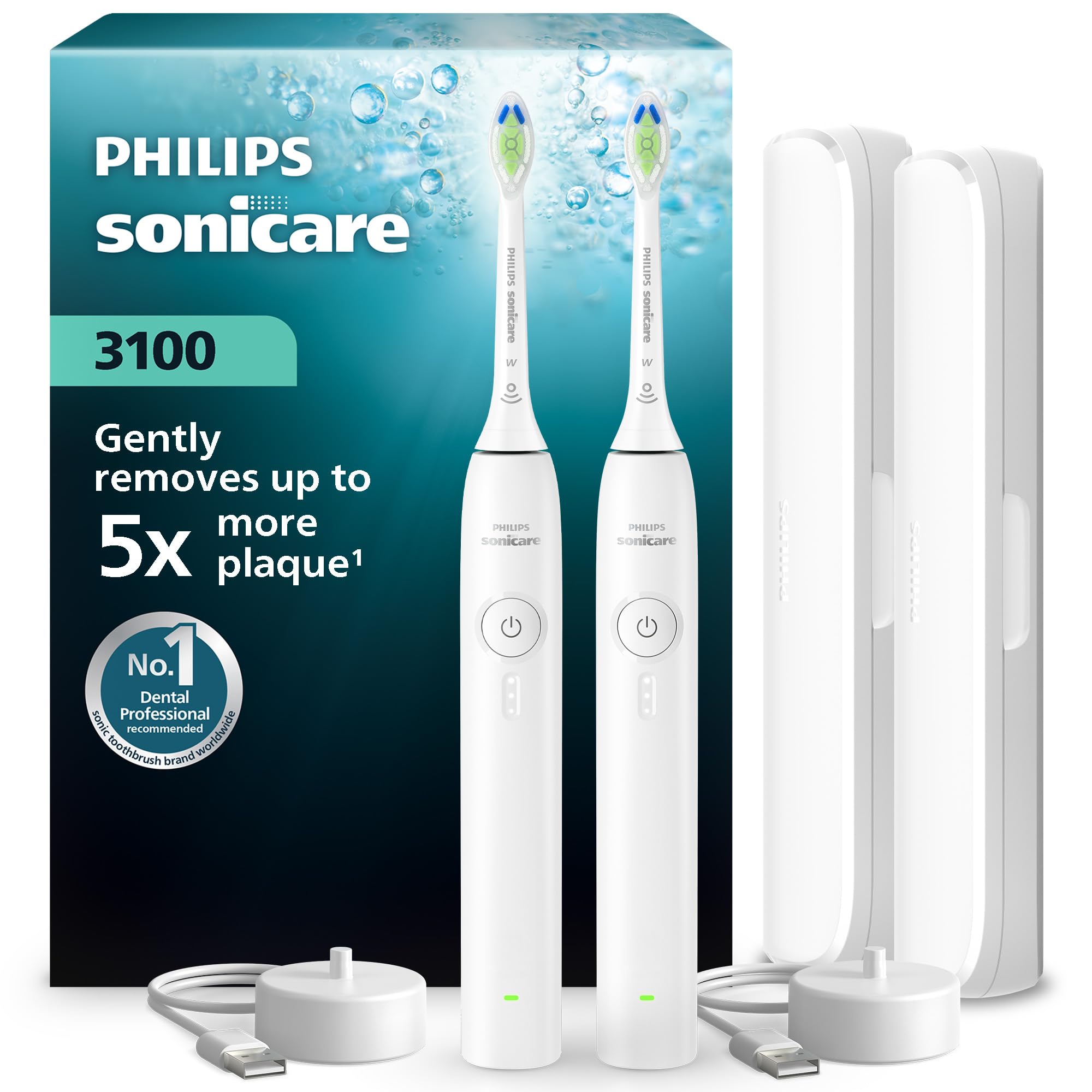 Philips Sonicare 3100 Series Electric Toothbrush - Sonic Toothbrush with Pressure Sensor, 3 Intensity Levels, EasyStart, SmarTimer, 14-Day Runtime, Travel Case, White, 2 Pack, HX4072/41, [New]